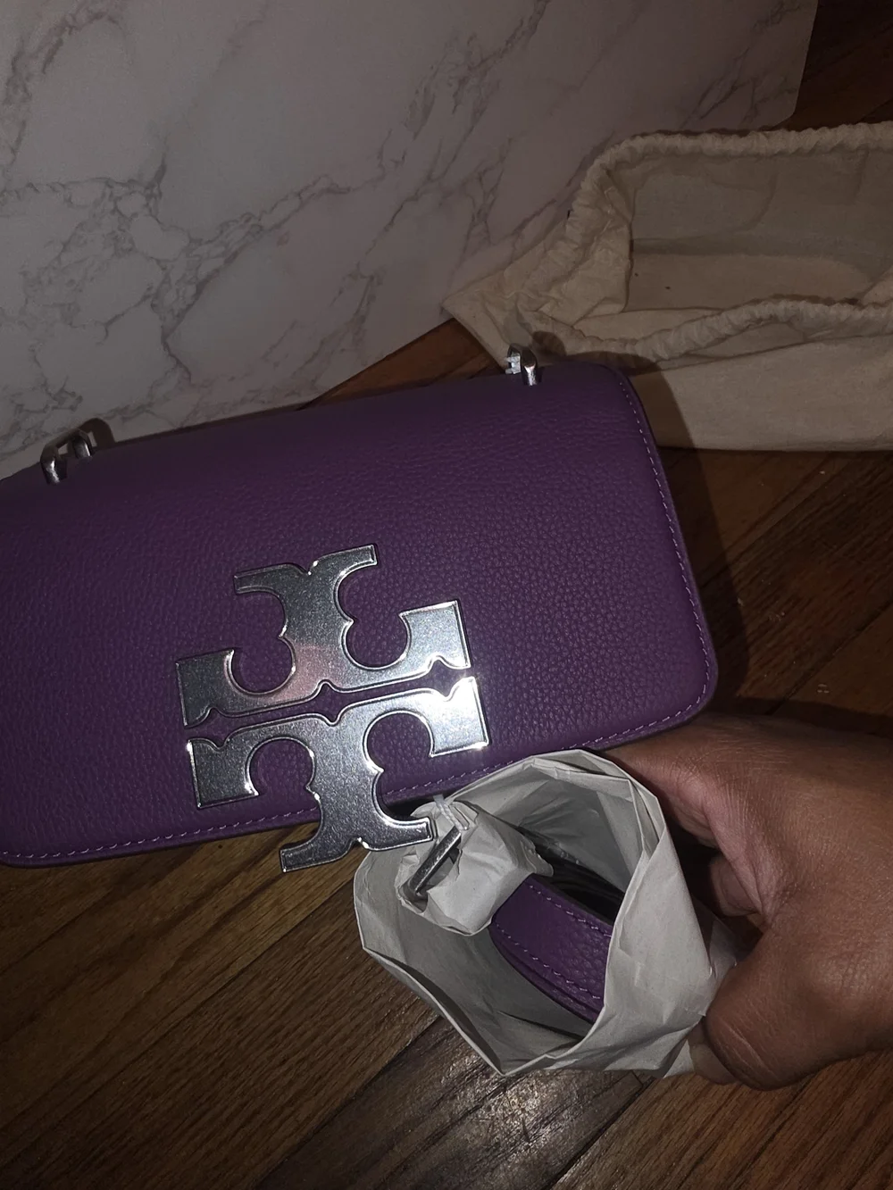 Tory Burch Purple Pebbled Leather Eleanor Crossbody with Silver Logo